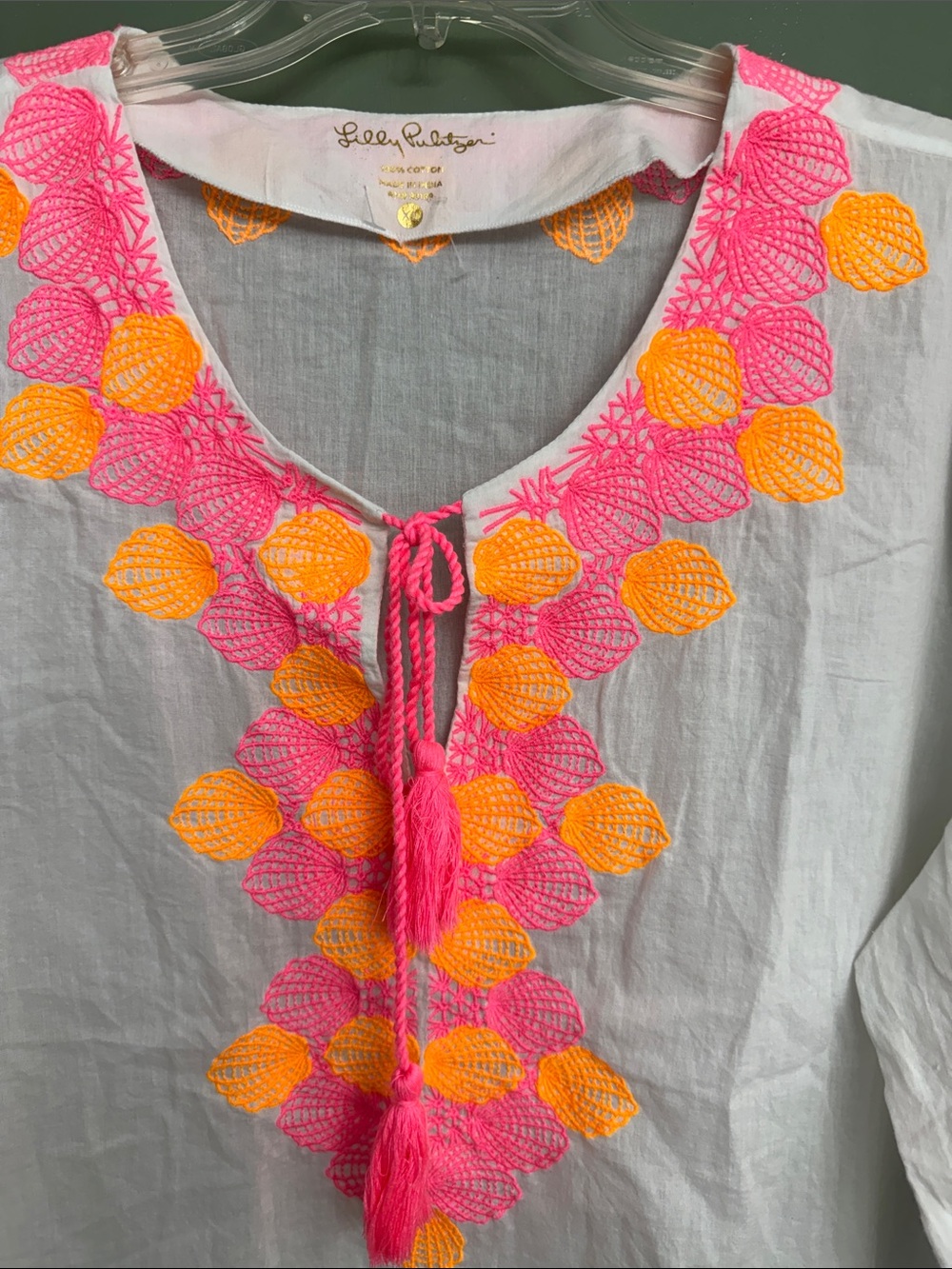 Lilly Pulitzer White Tunic with Pink & Orange Embroidered Neckline - Picture 2 of 3